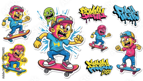 Cartoon skateboarder characters with graffiti elements and vibrant colors