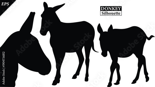 Set of Silhouette of Donkey Animal Isolated on White Background, silhouette of a donkey on white, Simple donkey silhouette vector flat illustration, different poses, rural life, hard work, livestock,