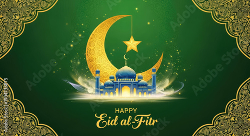 Happy eid alfitr greeting card with golden mosque