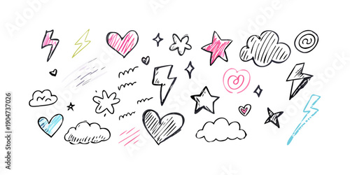 A delightful array of various doodles and symbols in vibrant colors Vector