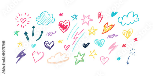 Colorful doodle hearts and shapes scattered across a white background Vector