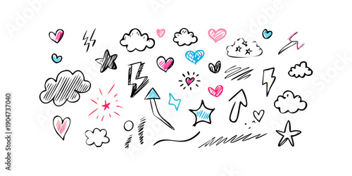 A whimsical illustration of floating hearts and clouds in various shapes and colors Vector