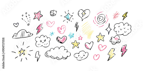 A delightful assortment of colorful hearts, clouds, and stars in a playful arrangement Vector