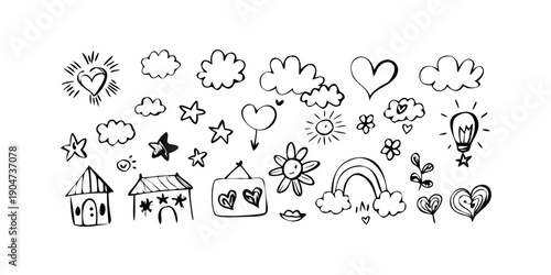 A delightful collection of diverse doodle icons in black and white Vector