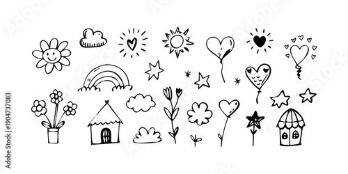 A delightful collection of various black and white doodle illustrations Vector