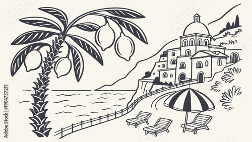 Hand drawn coastal landscape with a palm tree beach umbrella and mediterranean village on a hill