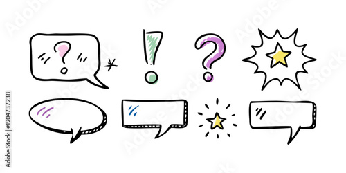 Assorted speech bubbles with various symbols and signs inside them. Vector