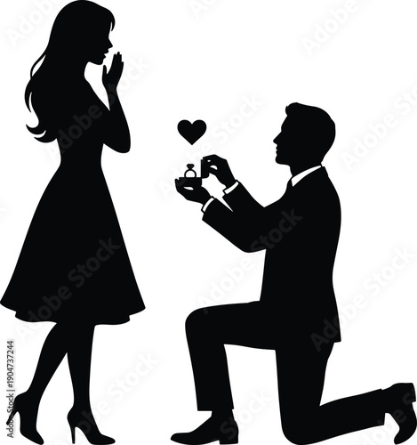Romantic vector silhouette of a man kneeling to propose marriage with a diamond ring to a surprised woman for engagement