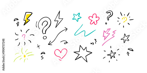 Colorful doodles of stars, hearts, lightning bolts, and question marks. Vector