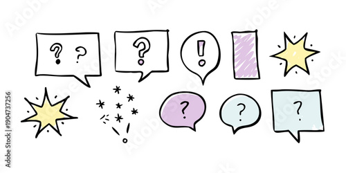 A colorful array of speech bubbles and question marks on a white background. Vector