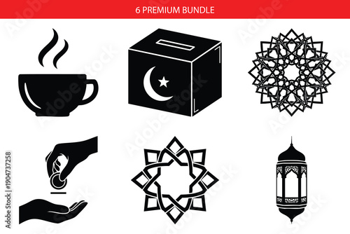 Ramadan icon set, 6 premium bundle. Includes mosque, lantern, cup, hand, crescent, and mandala symbols. Created in black and white style with simple shapes.