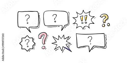 A collection of speech bubbles and thought bubbles with question marks. Vector
