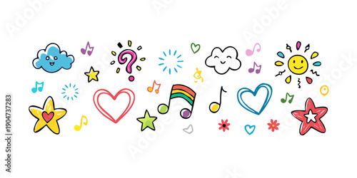 A delightful array of colorful cartoon stars, hearts, and clouds Vector