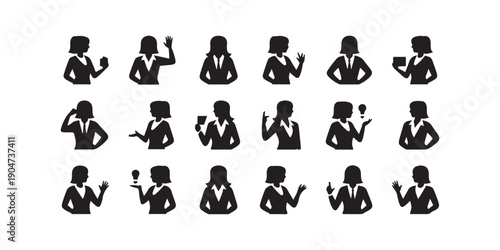 Businesswoman icons set. professional women gesturing, thinking, and holding a coffee cup.