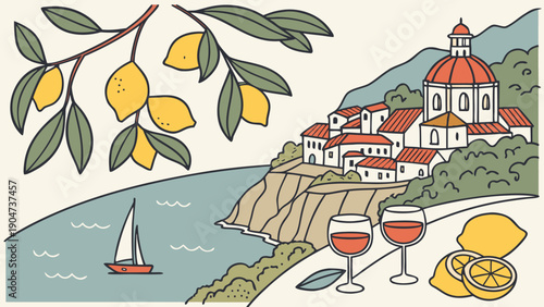 A colorful hand-drawn illustration of a branch with yellow lemons over a coastal town with a domed church and a sailboat on the blue sea.