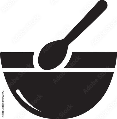 Minimalist mixing bowls with spoon vectors. Minimalist mixing bowl icon: three identical mixing bowls with spoons in a row. Simple black and white bowl with spoon icon on transparent background
