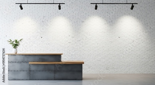 Modern reception desk with minimalist design and spotlight illumination against a white brick wall.