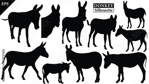 Set of Silhouette of Donkey Animal Isolated on White Background, silhouette of a donkey on white, Simple donkey silhouette vector flat illustration, different poses, rural life, hard work, livestock,