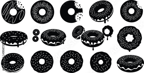 Black and white donut illustrations, stylized dessert art, creative pastry designs, icing patterns, sprinkles, bite marks, food drawing collection