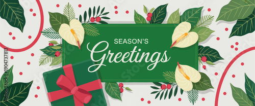 Elegant Season's Greetings card design with festive winter foliage, vibrant red berries, and a neatly wrapped gift box, perfect for holiday wishes and celebrations
