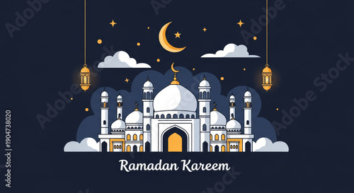 Ramadan kareem mosque at night with crescent moon and lanterns