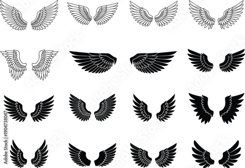 Black and white angel wings vector set, flying bird wings silhouettes, tattoo design elements, decorative feathered wings illustration, collection, symbols, graphics