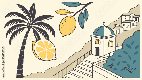 Mediterranean vector of palm tree sliced lemon and domed hill church.