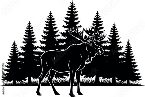 Silhouette Vector Illustration of a Large Bull Moose Standing in a Pine Forest Wilderness Nature Background in Black and White