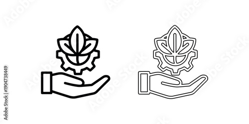 Two linear style icons depicting a hand holding a gear with a leaf representing sustainable industry and eco-friendly technology