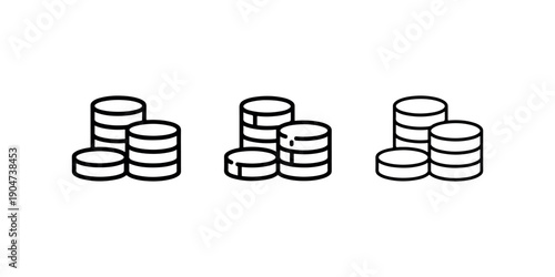 Set of three linear style icons of stacked coins symbolizing finance wealth and financial growth for business and investment concepts
