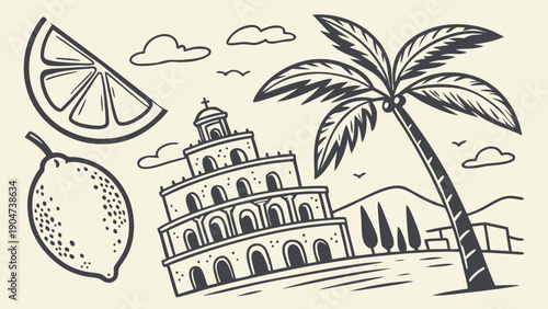 Vintage hand drawn illustration of a mediterranean landscape with ancient ruins and citrus