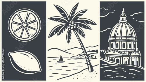 Set of vintage woodcut illustrations featuring citrus fruit, a tropical palm, and a cathedral.