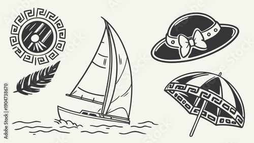 Collection of hand drawn summer beach themed icons including a sailboat sun hat and umbrella.