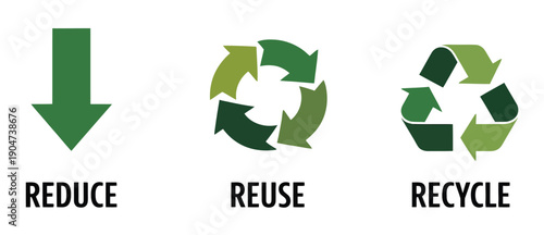 Reduce reuse recycle vector symbols showing eco-friendly practices, sustainability initiatives, and environmental protection for creative projects