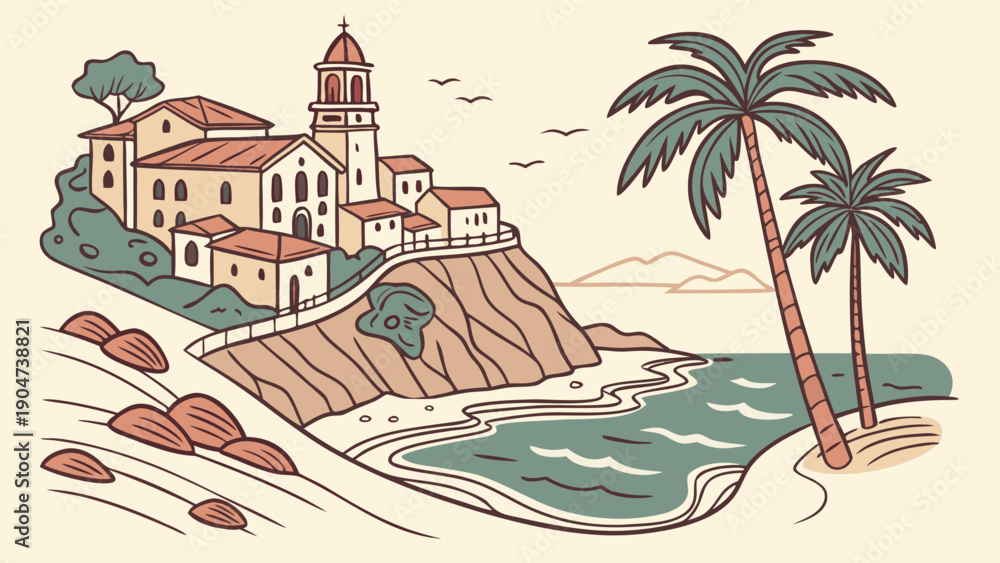 Obraz premium Mediterranean coastal village with palm trees and a beautiful bay in a pixel art style.