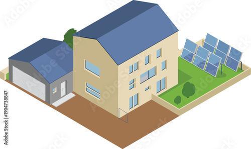 Modern eco friendly residential house with solar panel garden garage sustainable renewable energy smart home architecture exterior illustration design