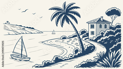Blue and white vintage sketch of a coastal landscape featuring a palm tree and a small house.
