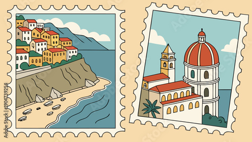 Two vintage style postage stamps featuring beautiful coastal italian scenery and architecture