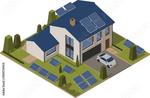 Modern sustainable solar powered suburban family house with rooftop panels electric car driveway green energy eco architecture illustration design
