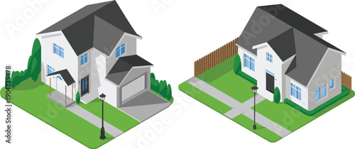modern, house, isometric, home, architecture, 3d, building, residential, exterior, property, suburban, vector, illustration, realestate, design, yard, garage, neighborhood, villa, concept