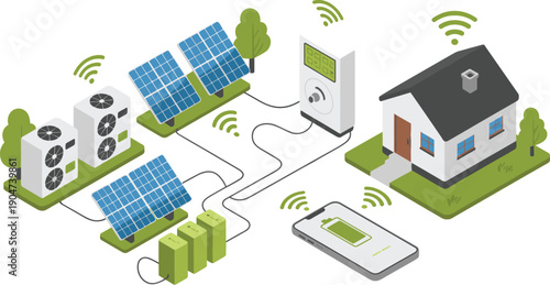 Smart solar home energy management system with wireless monitoring panels batteries inverter eco technology sustainable house illustration concept