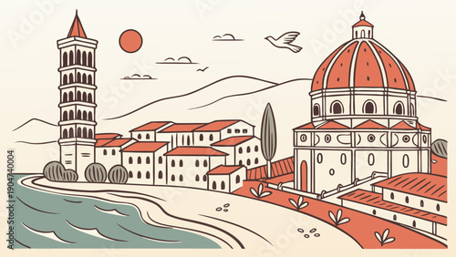 Stylized illustration of a beautiful coastal italian city with a large dome and a tower.