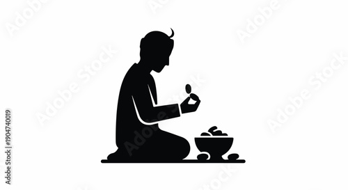 Silhouette of a man kneeling and counting coins from a bowl, representing finance, savings, or poverty.