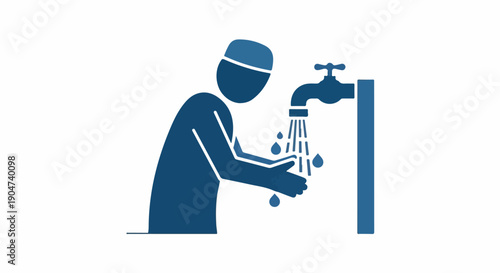 Muslim man performing ablution (Wudu) before prayer, washing hands at a tap, Islamic ritual cleanliness