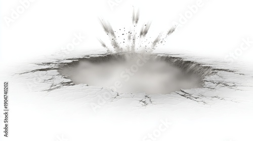 3D render of ground destruction isolated on white background, showing cracked earth, rubble, debris, broken surface, chaotic terrain, realistic disaster scene, construction damage concept