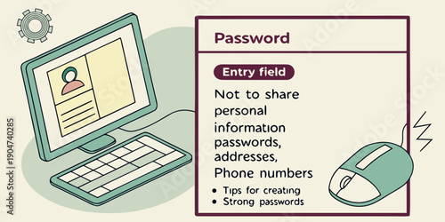 Computer monitor displays a user login screen next to a detailed text box outlining password security tips for online safety.