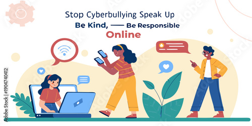 Diverse young people use mobile phones and laptops to combat online harassment and promote kindness in digital spaces.