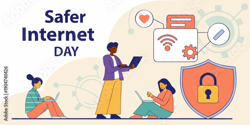 Several diverse individuals use portable computers around a large shield icon featuring a prominent padlock, symbolizing collective internet security awareness.