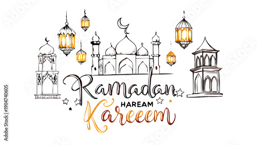 Hand drawn Ramadan Kareem and mosque background,beautiful greeting card design elements.Vector illustration with flashlights. Islamic Festival celebration.Arabic lined lanterns isolated on white  icon
