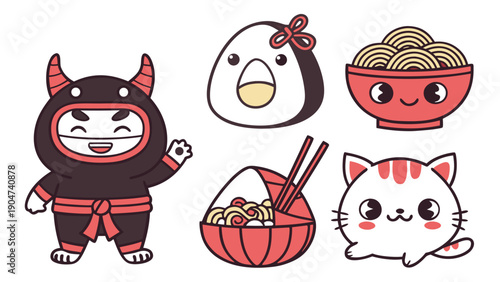 Cute collection of kawaii japanese stickers featuring a devil ninja onigiri ramen and a cat